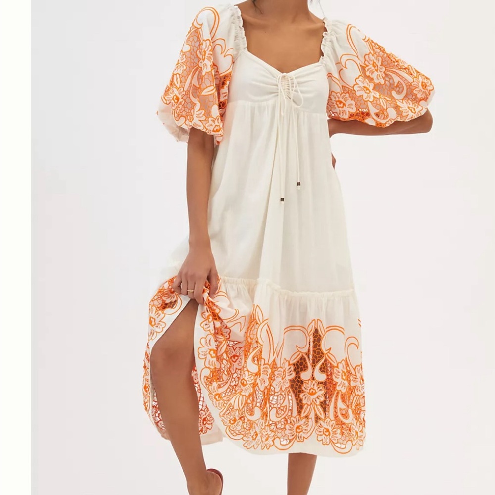 Anthropologie Tina Puff-Sleeved Embroidered Midi Dress